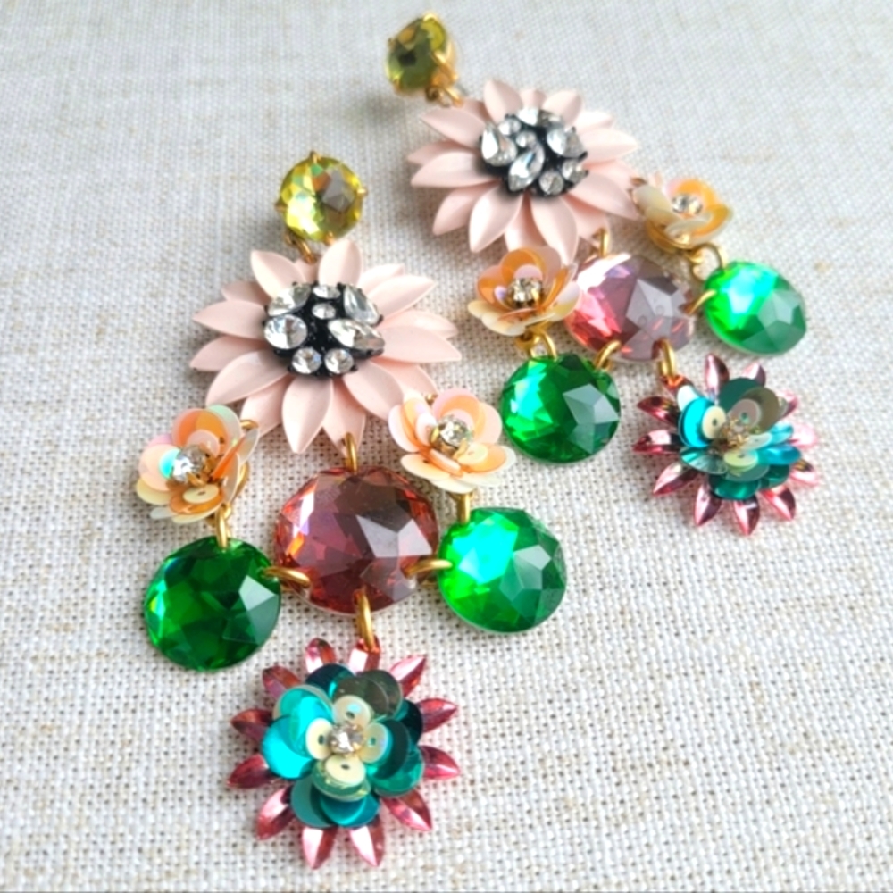NWT! J. Crew Floral Sequin and Stone Statement Earrings